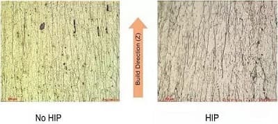 Comparative metallographic photographs before and after hot isostatic pressing